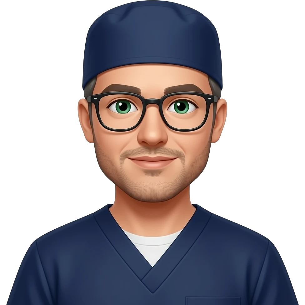 doctor with dark gray hair, beard stubble and green eyes in dark navy scub cap, dark navy shirt with no eyeware emoji