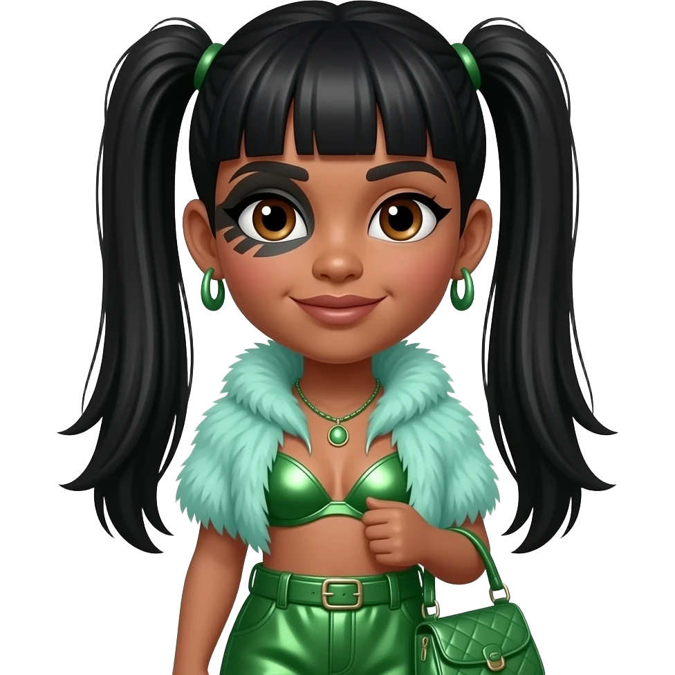 Left Eye from TLC with medium brown skin, brown eyes, black straight two ponytail bang hair, black stripe on left eye, mint green fur shawl, green metallic bra, green metallic baggy pants, necklace and earrings emoji