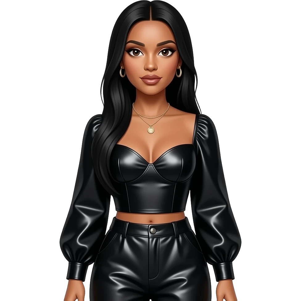 Aaliyah with dark brown eyes, long black straight hair, black metallic sweetheart blouse, black metallic baggy pants, necklace and earrings emoji
