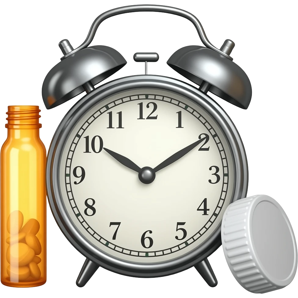 A alarm closk and a nearby orange clear bottle of pills with the white cap off emoji