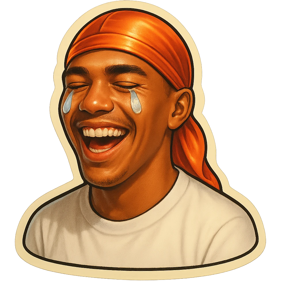 laughing crying
make his shirt white
make him smile
Change His durag To orange emoji