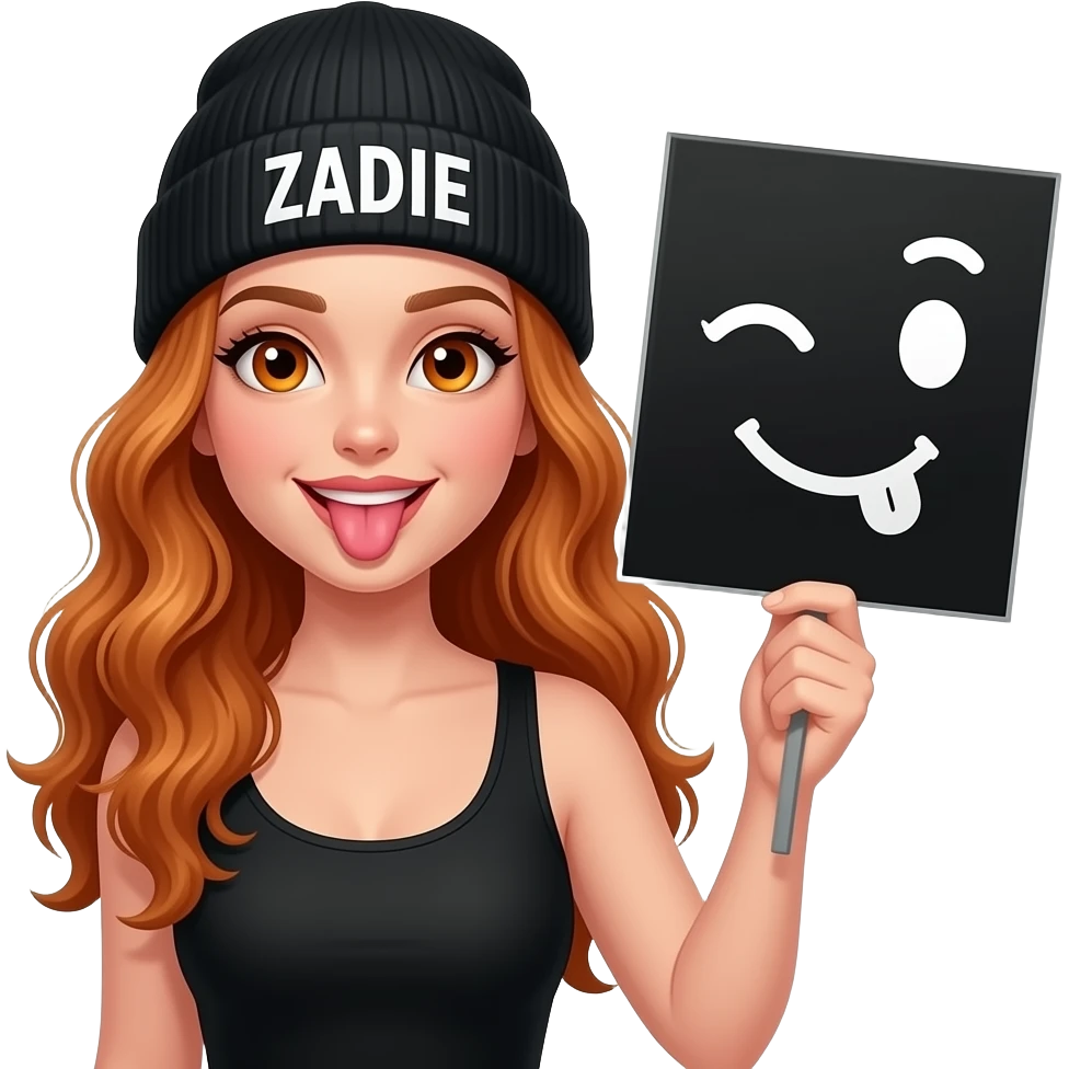 sexy girl with overlong wavy ginger hair and ginger eyes wearing a black tanktop and a black beanie with ZADIE written on it, is holding a black sign with 😜 on it emoji