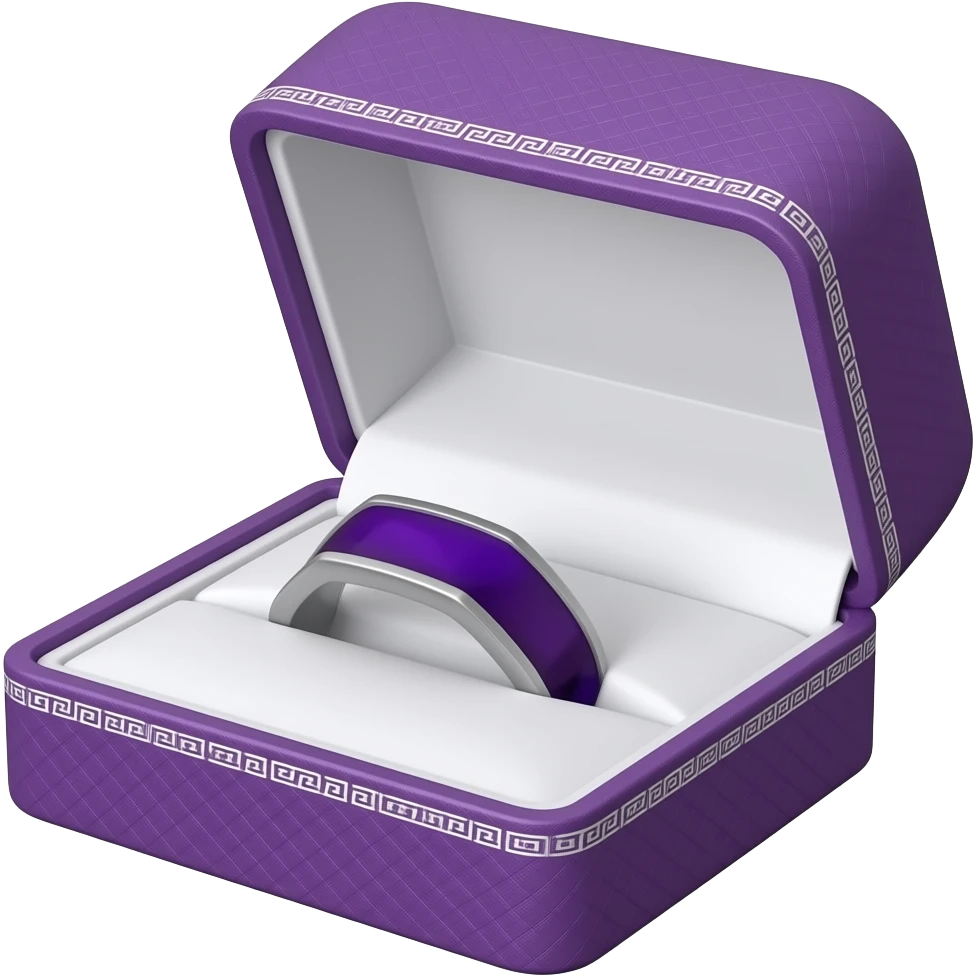Amethyst men's style solid band ring in a purple box with silver ornate trim emoji