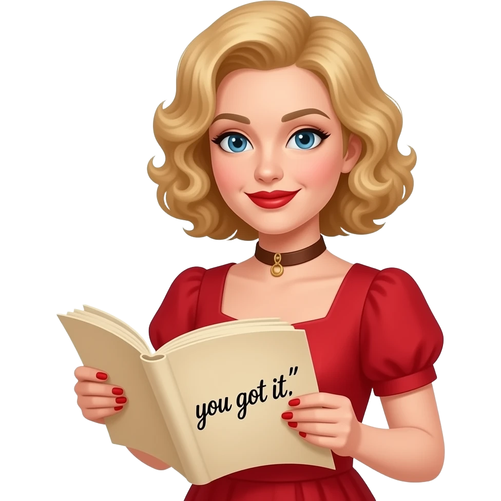 Short curly blond hair side swept Holding an open scroll saying you got it with red nail polish, brown lipstick and red vintage dress emoji