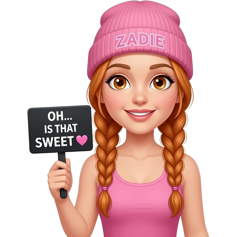 sexy girl with overlong ginger braids and ginger eyes wearing a pink tanktop and a pink beanie with ZADIE written on it, is holding a black sign with ACH... IST DAS SÜSS 🧡 written on it emoji