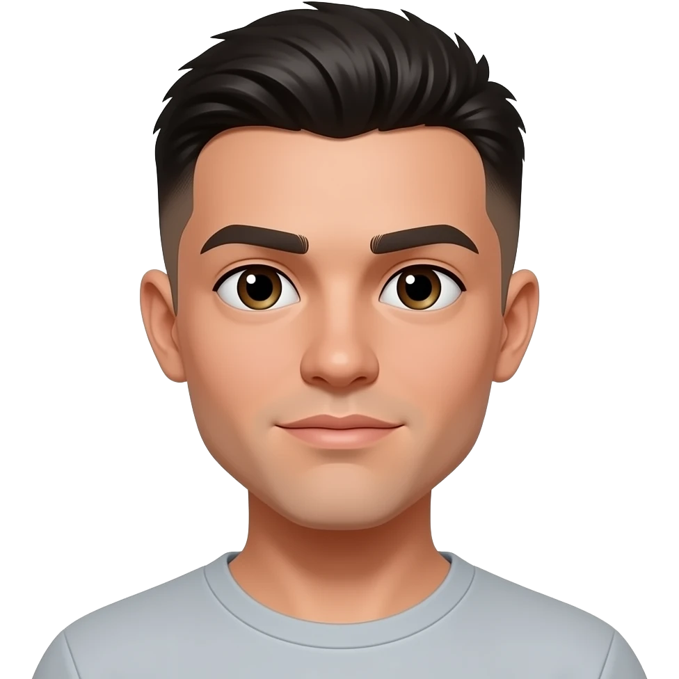 Young man with dark hair buzzcut and little bang emoji