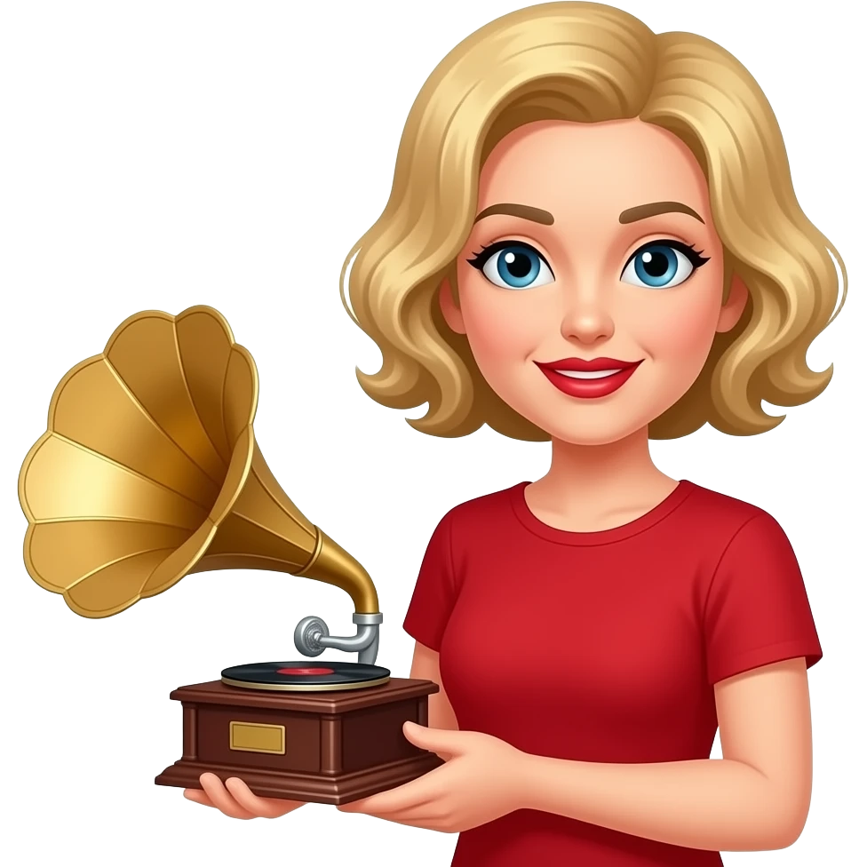 above neck Short blonde curly hair holding a phonograp music in a red short sleeve shirt, red lipstick, black eyebrows emoji