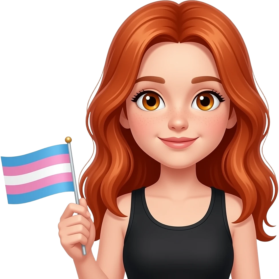 ten year old with long red hair and amber eyes and a black tanktop holding a bisexual flag and saying "I'm proud to be bi but won't tell my parents!!" emoji