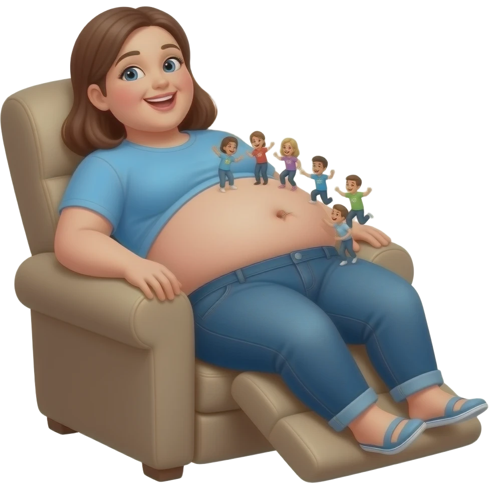 A female giant rests on a recliner sofa,with friendly gentle manner she hangs out her overfed rotund exposed belly,so the tiny volunteer admirers can use the girl’s vulnerable belly to bounce on,The female giant giggles because her bellybutton is ticklish. emoji