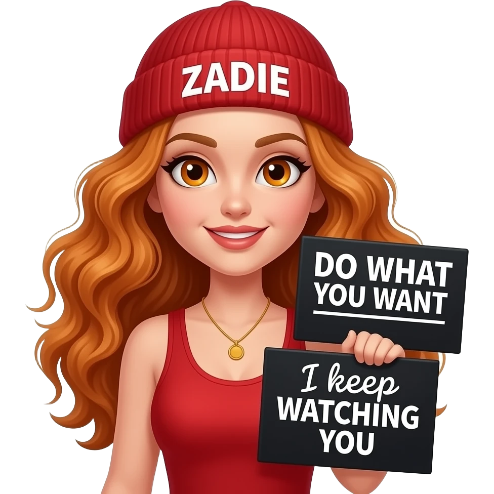 sexy girl with overlong wavy ginger hair and ginger eyes wearing a red tanktop and a red beanie with ZADIE written on it, is holding a black sign with DO WHAT YOU WANT while I keep WATCHING YOU written on it emoji