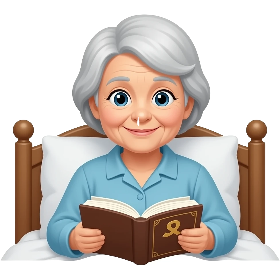 A fat elderly woman is flipping through a prayer book in the bed emoji