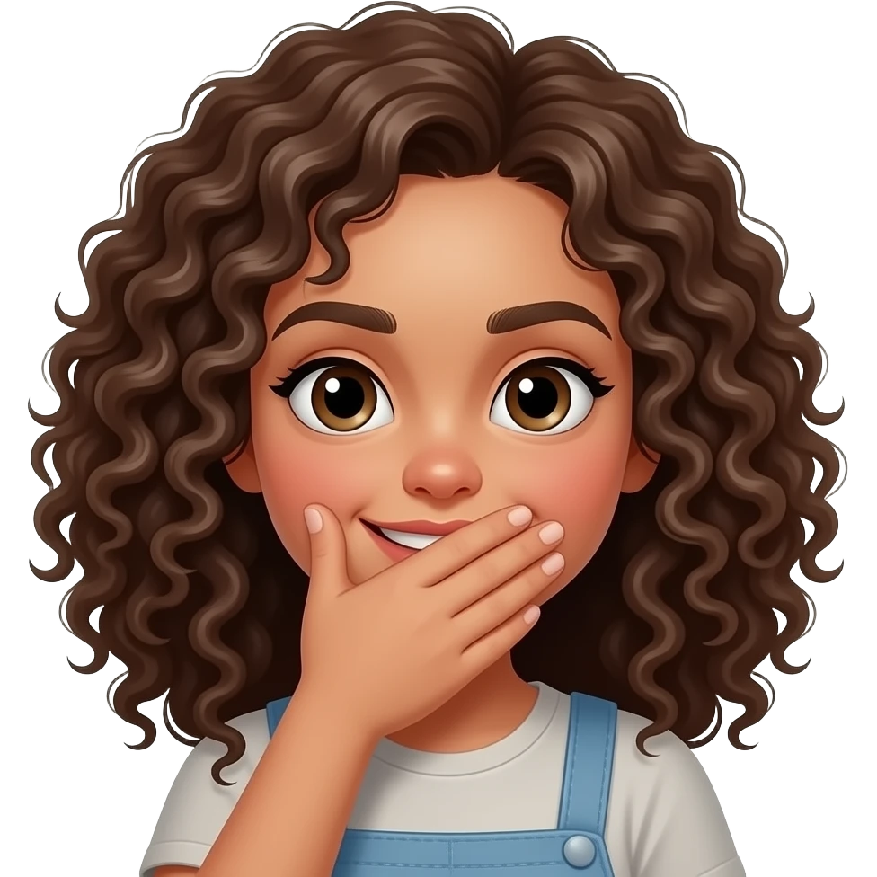 emoji de una chica con el pelo rizado de piel clara tapandose la boca con la mano y cara de niña mala emoji