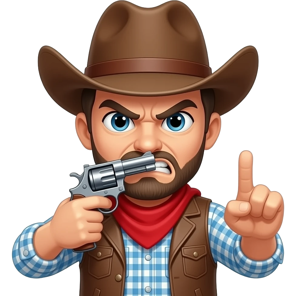 Un vaquero tapándose la boca enojado  con una pistola y sacando el dedo del medio emoji