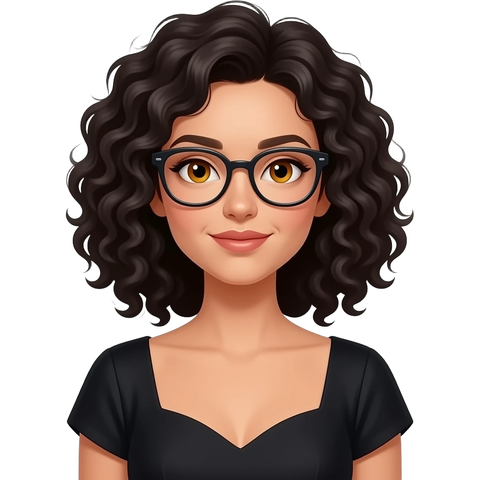 Realisting woman sexy posing elegant black dress model looking calm wearing glasses with honey colored eyes, Italian  and curly black hair emoji