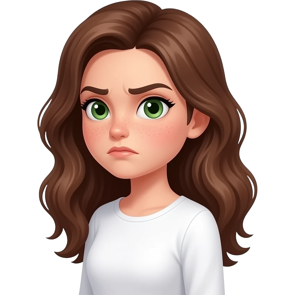 strong side view strong face expression very visible judgmental, cartoonish, caricatured, grotesque, suspicious side-eye meme even little disgusted by Brown wavy long haired with green eyes eyebrows raised cute face with freckles pretty girl in cute  white top with long sleeve emoji