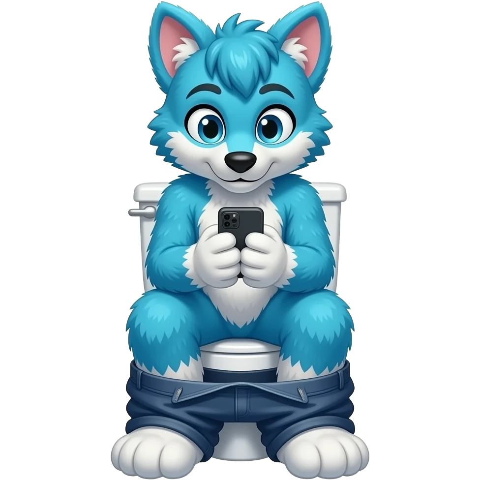 blue fursuit sitting on toilet, front view, pants down, looking down at phone emoji