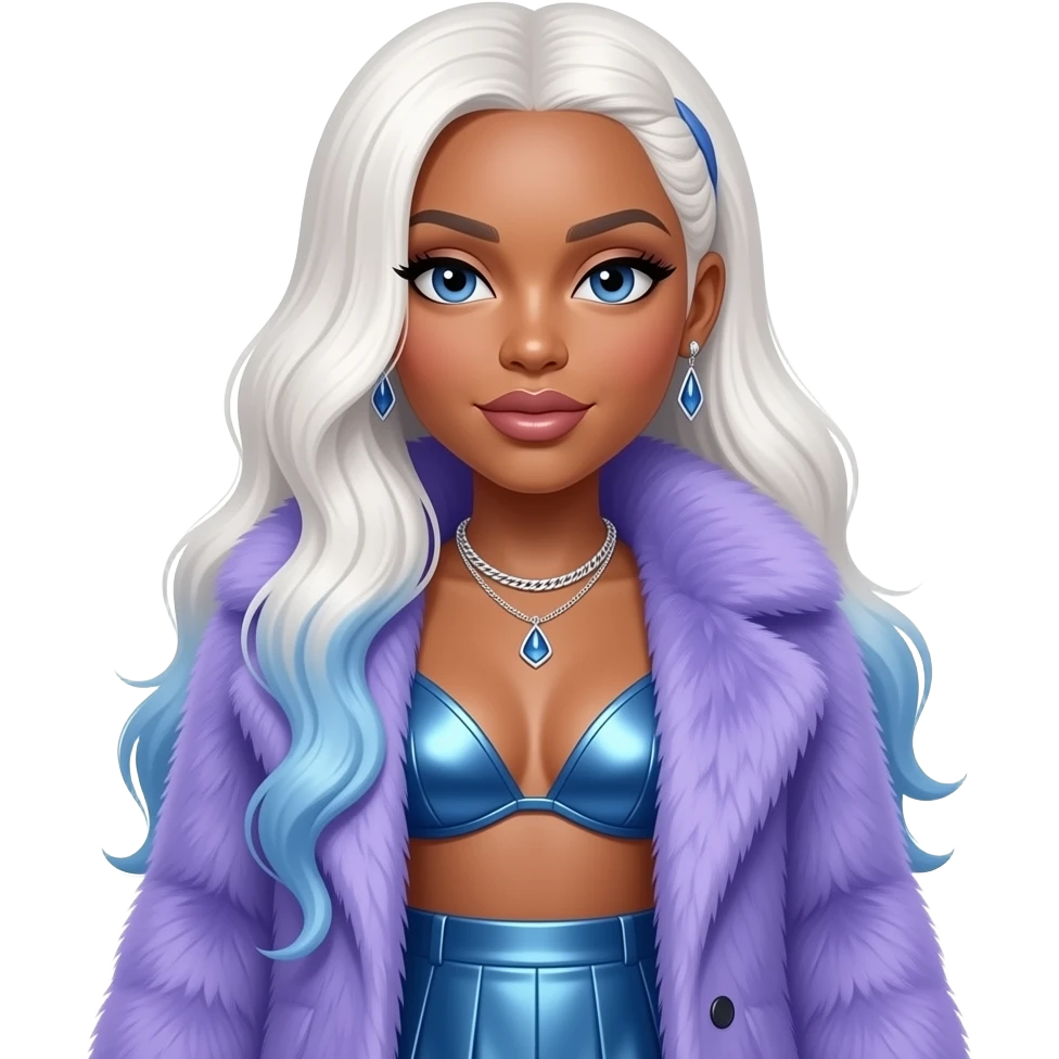 Lil Kim with dark blue eyes, long white blonde hair with periwinkle ombre, periwinkle fur coat, periwinkle metallic bra, periwinkle metallic short skirt, necklace and earrings emoji
