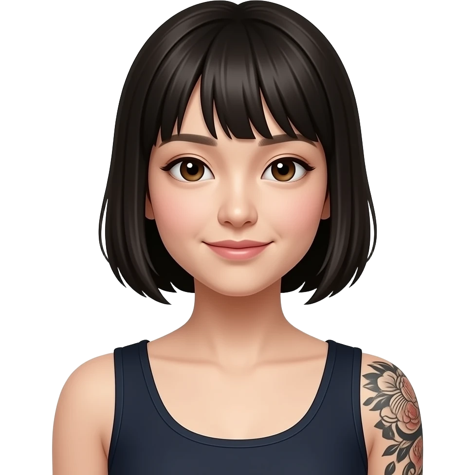 Japanese woman with bang and Japanese tattoo on right arm emoji