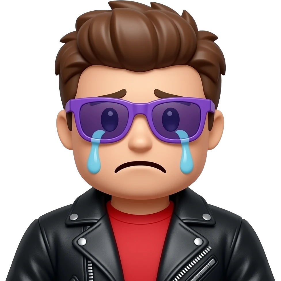Crying Roblox boy avatar emoji, brown hair, purple sunglasses, black leather jacket, red shirt with... emoji