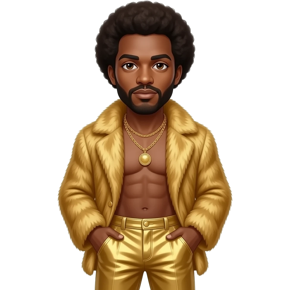 Maurice White with brown eyes, dark brown short afro hair, gold fur shawl, gold metallic baggy pants, shirtless with necklace emoji