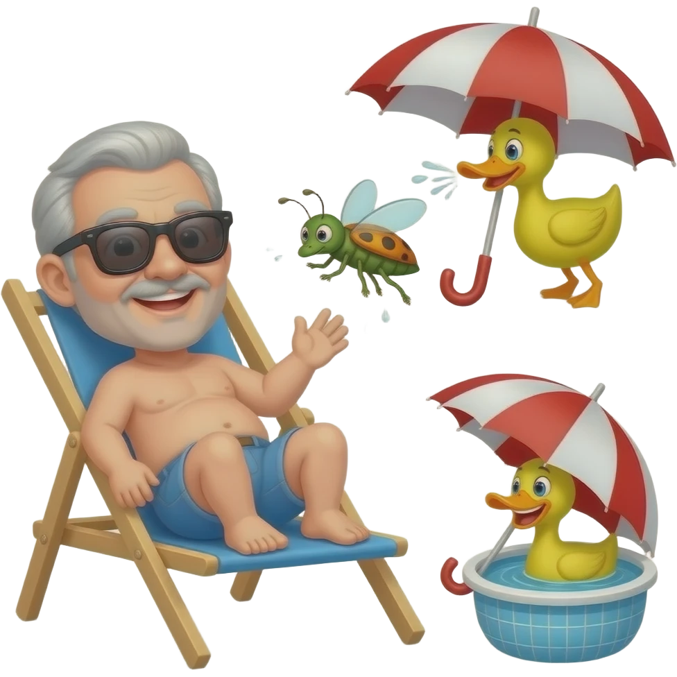 Uncle in sunbed wearing sunglasses an ugly bug flying to him again and falls into the mud after sneezing the umbrella in the pool is upside down an ugly duck is in the umbrella and is laughing at my uncle letter u emoji