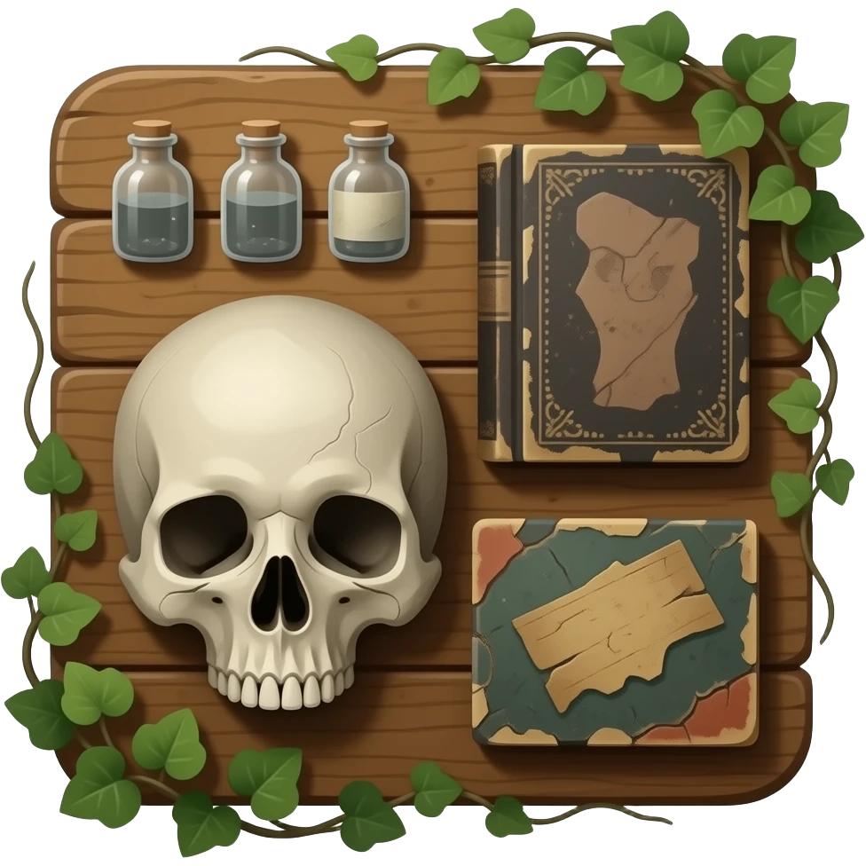 realistic cinematic - Joel Peter Witkin style - still life arranged on a wooden board, includes a corpse's head, tiny dusty bottles, old battered books, some wrapped ivy emoji