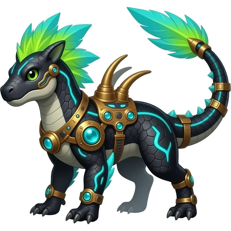 Cool edgy ancient black-scaled with neon-turquoise stripe markings digitigrade bipedal vintage futuristic raptorik fantasy-Cyberpunk-Steampunk-Solarpunk-Genesect-Salamence-Cyclizar-Salazzle-Feraligatr-Fakémon-animal-hybrid, with neon feather-mane, and a tail blade, back spikes, full body emoji