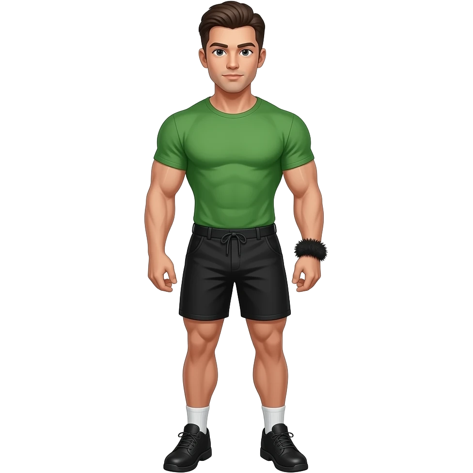 muscular jock with dark brown hair, combed back, wearing a green t-shirt, black shorts, black shoes and a skinny bracelet made of black fur emoji