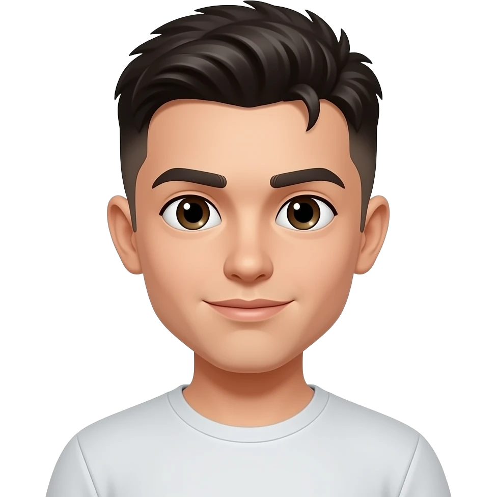 Young man with dark hair buzzcut and little bangs emoji