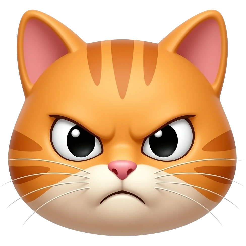 Angry cute cat emoji, tiny frown, raised eyebrows, sharp little ears, orange fur, funny expressive 3D emoji sticker emoji