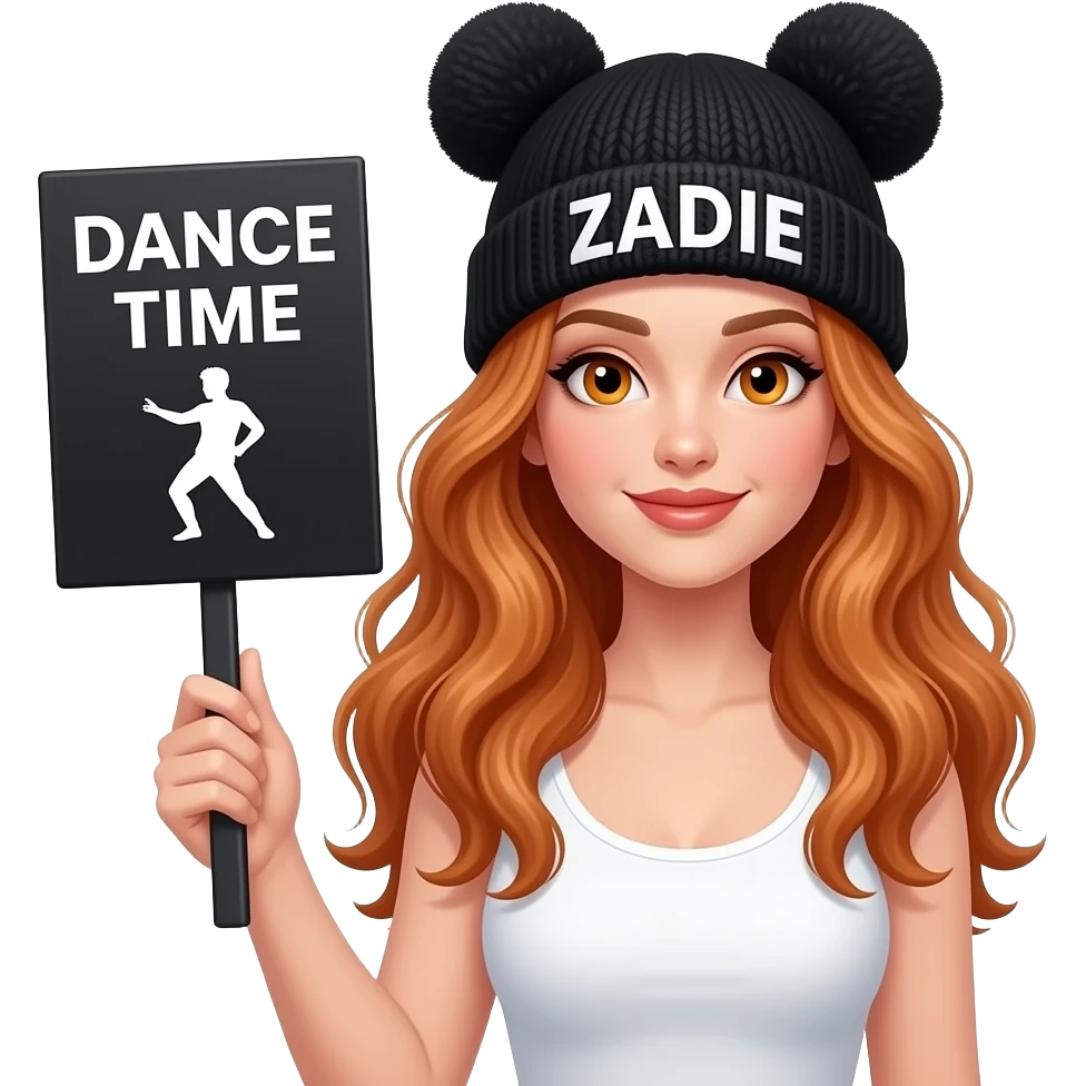 sexy girl with overlong wavy ginger hair and ginger eyes wearing a white tanktop and a black pom hat with ears with ZADIE written on it is holding a black sign with DANCE TIME 💃 on it emoji