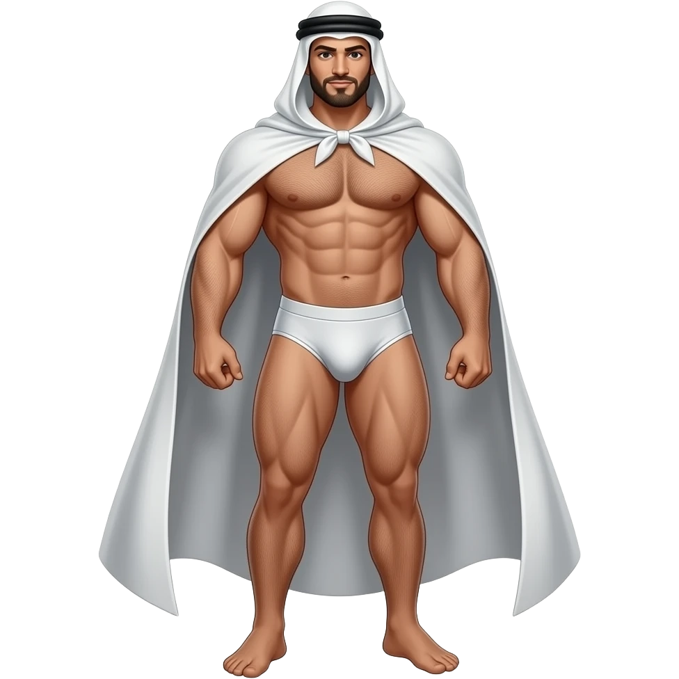 full body arabic-theme male superhero clothless figure with only cape and muscular hairy build in thin, narrow underwear with bulge emoji