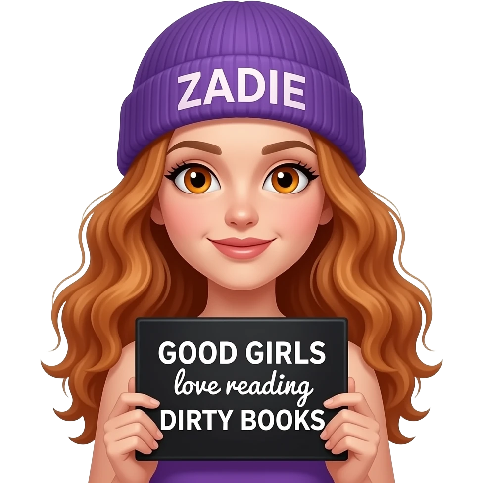 sexy girl with overlong wavy ginger hair and ginger eyes wearing a purple tanktop and a purple beanie with ZADIE written on it, is holding a black sign with GOOD GIRLS love reading DIRTY BOOKS written on it emoji