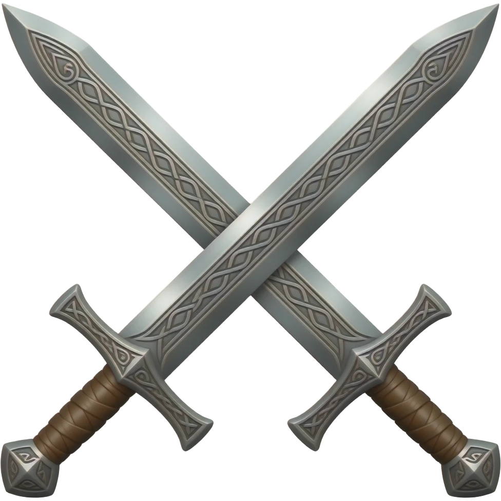 two swords in an X pattern, right over left, left under right,  with ornate norse engraving, wooden handles with leather straps emoji