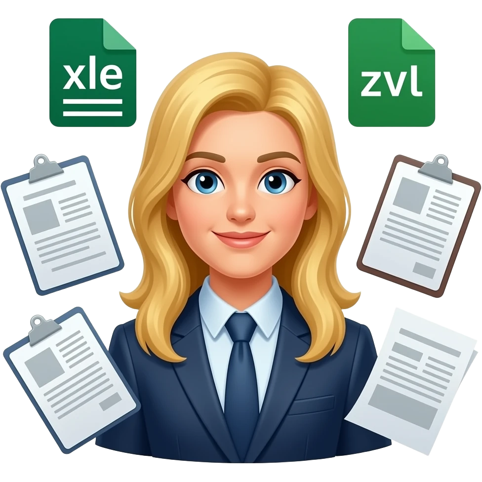 master data specialist with exactly .xls .csv .xml sheets and docs around his head , blond long hair emoji
