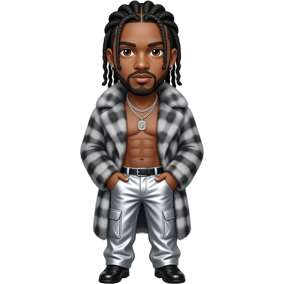 Josh Levi, R&B Singer with dark brown eyes,  black cornrows, gray fur coat, silver chrome baggy pants, shirtless with necklace and earrings emoji