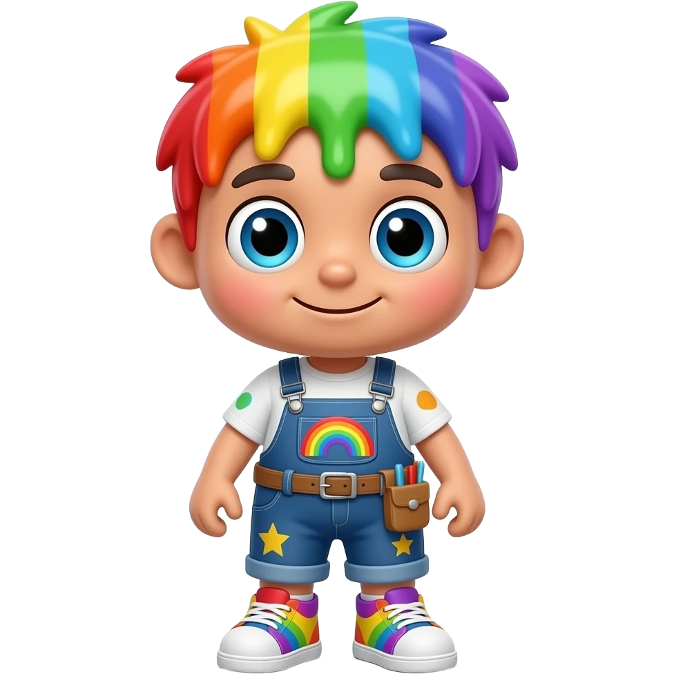 Rainbow paint mascot, full body, oversized head and tiny body, glossy rainbow paint skin, bright sky blue eyes, dripping colorful hairstyle, painter overalls, utility belt, colorful work sneakers, emoji style rainbow, skin tone. emoji