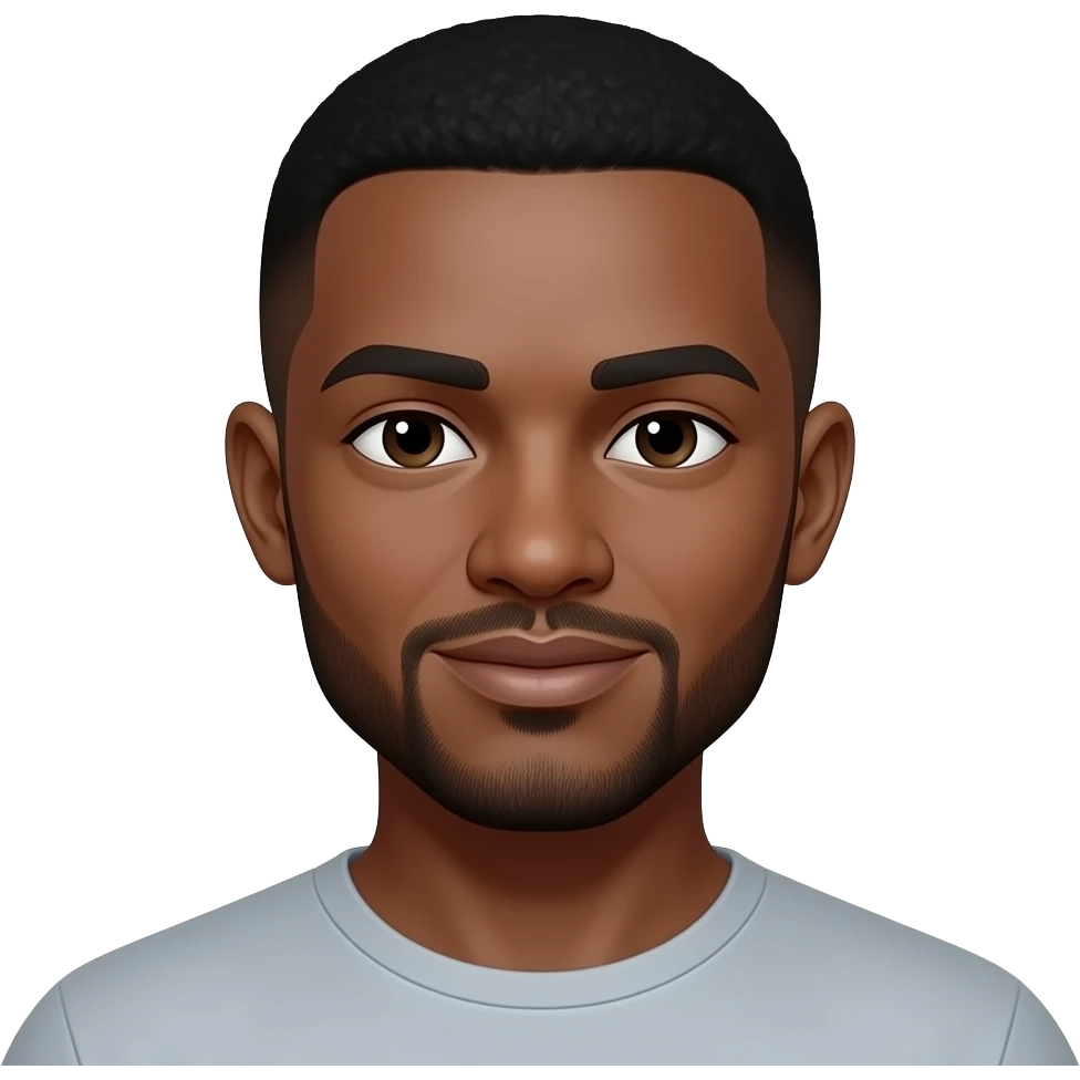 Crée un émoji détaillé inspiré d'un homme noir africain avec visage ovale légèrement allongé, peau brun foncé lisse, coupe dégradée très propre avec cheveux noirs courts, barbe fine parfaitement taillée avec bouc discret et moustache légère. Expression calme et confiante avec léger sourire. emoji