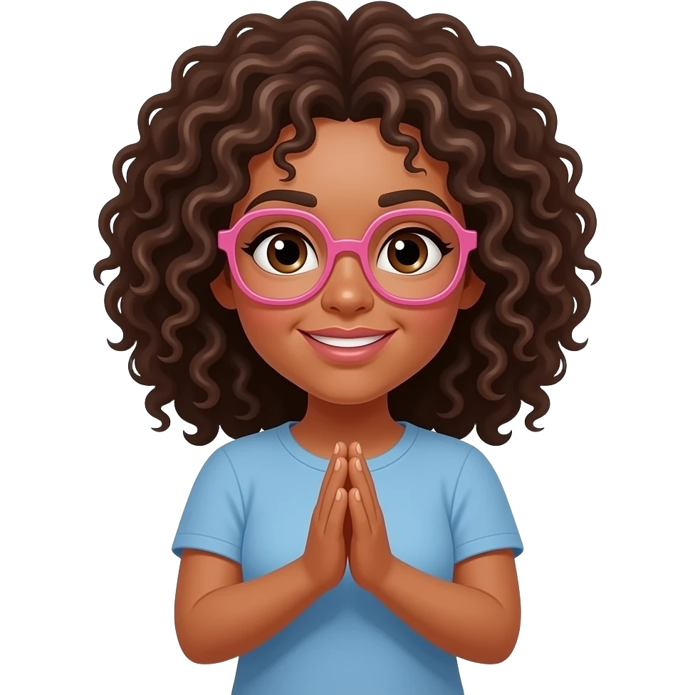 mujer pelo rizado y castaño, gafas rosas exagonales haciendo palmas emoji
