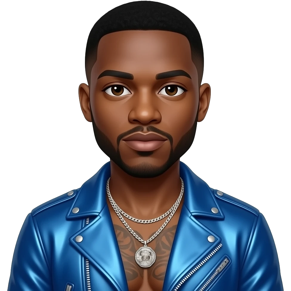Jonathan "Blueface" Porter, Rapper with dark brown eyes, black fade top hair, blue metallic hip-hop jacket, shirtless with necklace emoji
