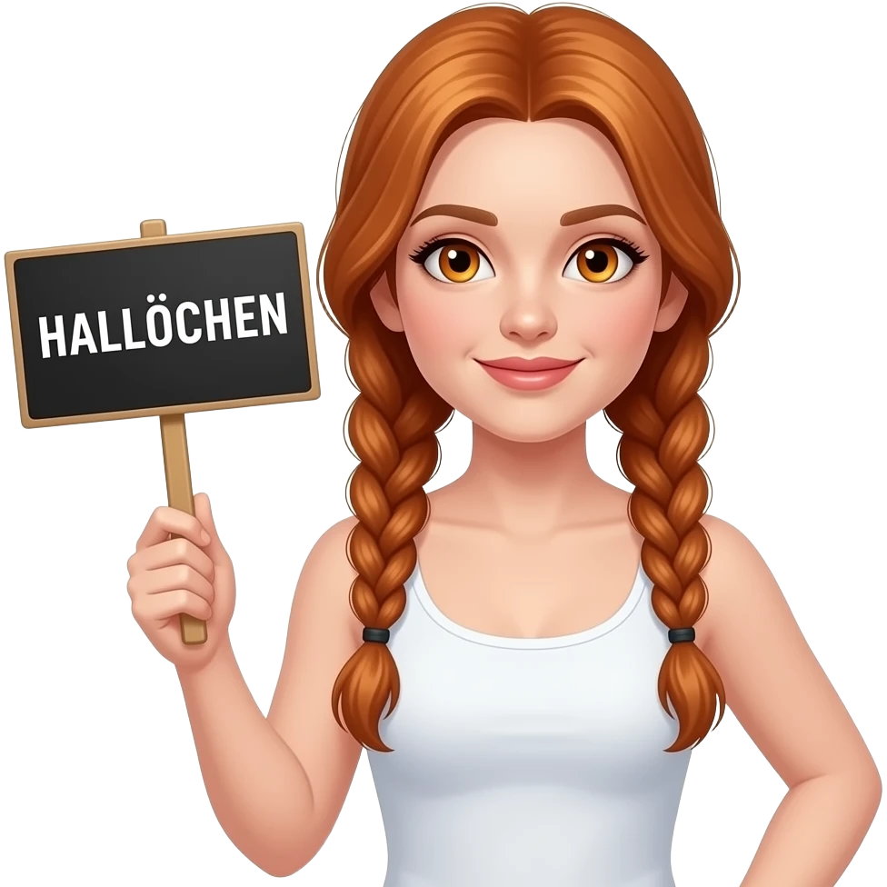 sexy girl with long ginger braids and ginger eyes wearing a white tanktop is holding a black sign with HALLÖCHEN written on it emoji