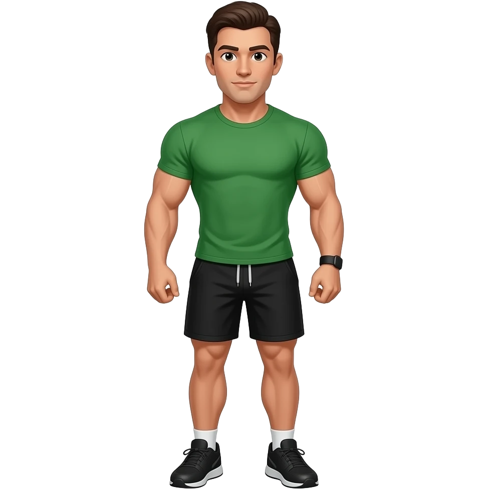 muscular jock with dark brown hair, combed back, wearing a green t-shirt, black shorts, black athletic shoes and a small black wristband emoji