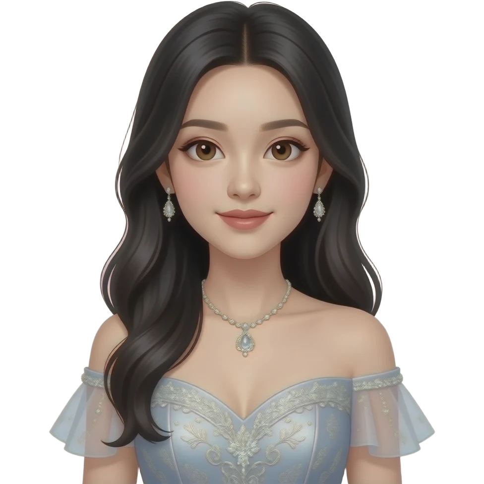 A Chinese teen girl with long black hair in a fancy dress with brown eyes wearing make up emoji