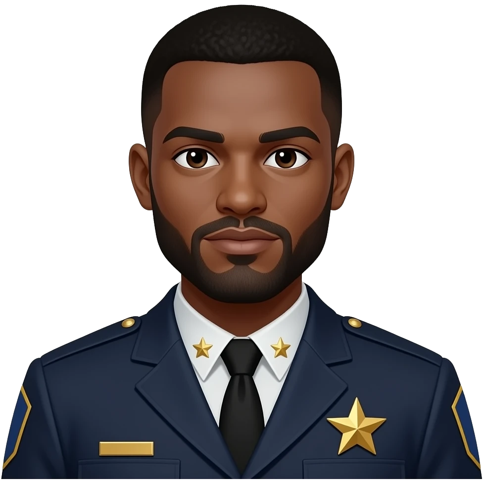 medium complexation black officer with full beard and tapper haircut with gold star and nothing on collar and gold tie bar emoji