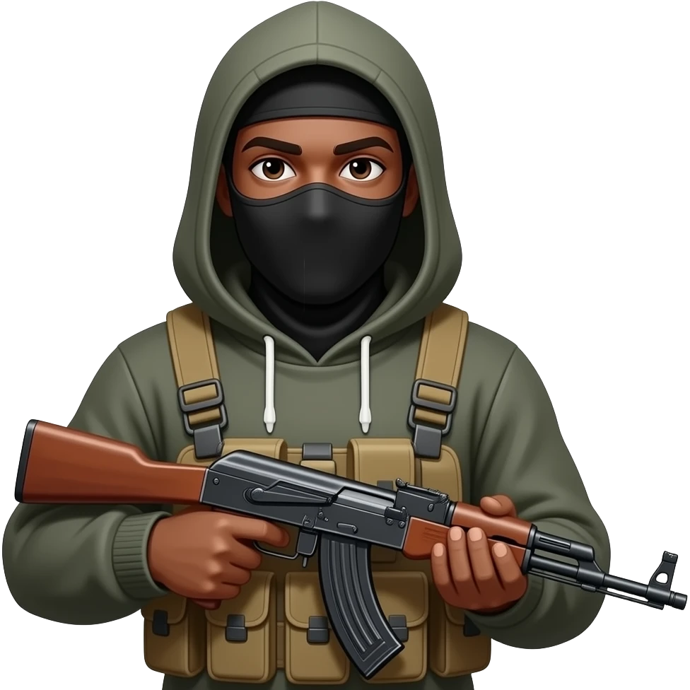 Brown skinned black man with hoodie and balaclava on face holding AK 47 emoji