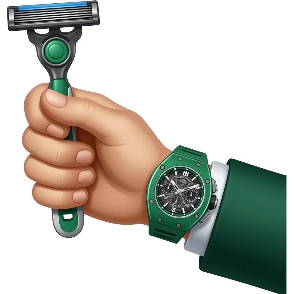 create me a hand which is holding a razor, and have green richard mille watch on and have green suit. Do so many details of watch and suit and the razor emoji