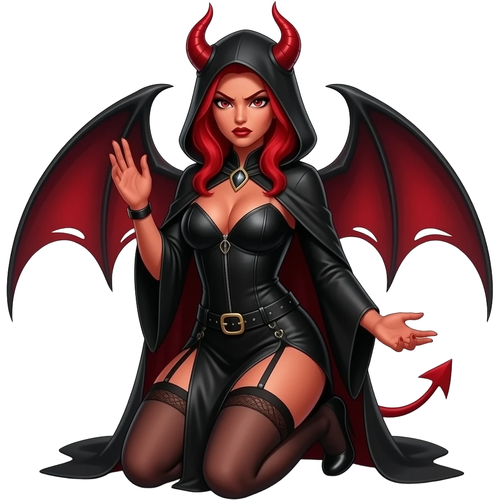 Red She-devil, hooded black magic sexy woman, angrily begging forgiveness on her knees emoji