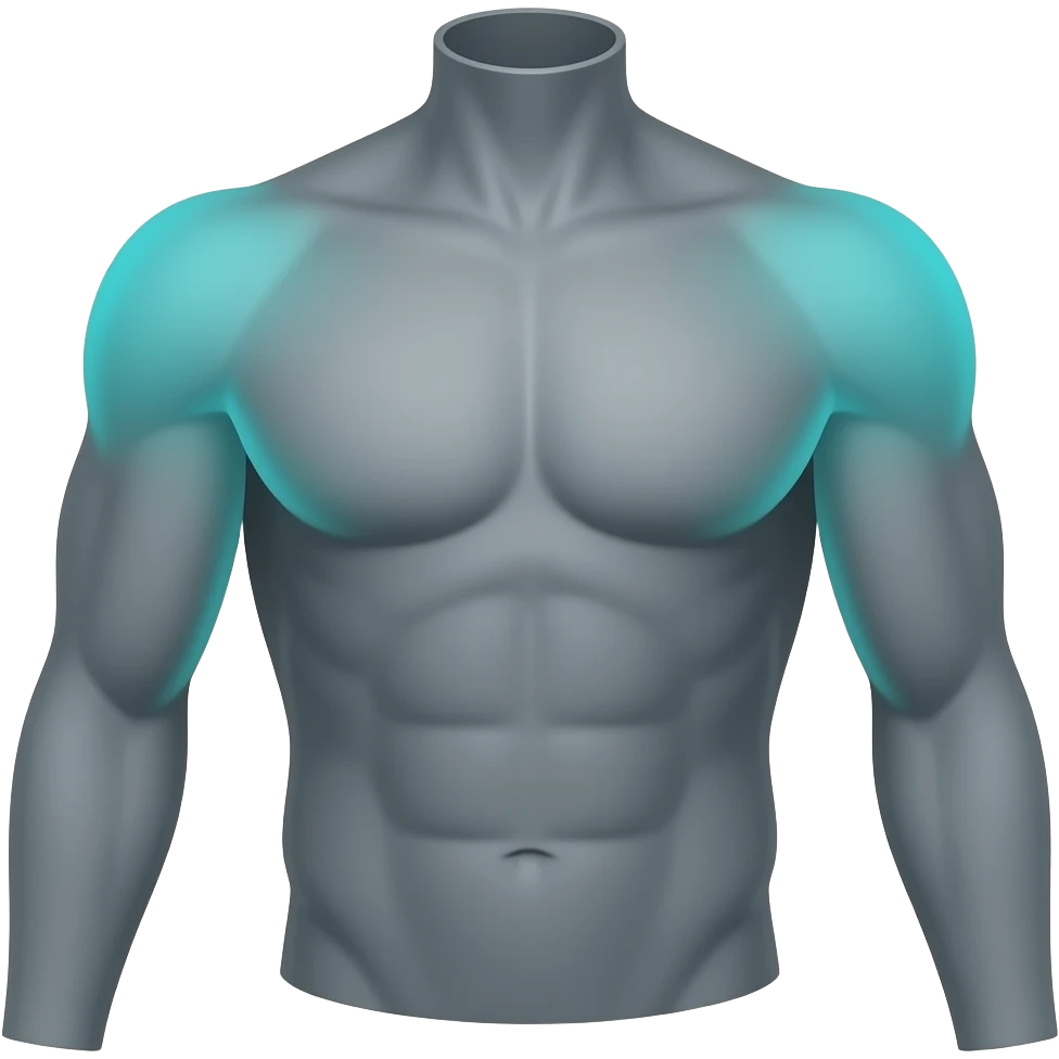 Minimal anatomical icon, dark background, front view torso with arms in dark grey, ONLY the biceps muscle bulge on the FRONT of the upper arm (between shoulder and elbow) highlighted in glowing cyan-teal #00D4B1, NOT the forearm, NOT the shoulder, NOT the chest emoji