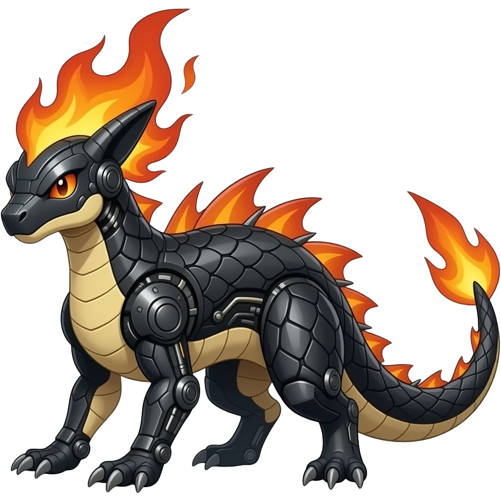 Cool edgy fiery bipedal scaly cybernetic visor-helmeted, Circuitry-patterned black-scaled digitigrade futuristic fantasy-Cyberpunk-Steampunk-Solarpunk-Sharpedo-Garchomp-Genesect-Cyclizar-Salandit-Protogen-Fakémon-hybrid, tail blade, back spikes emoji