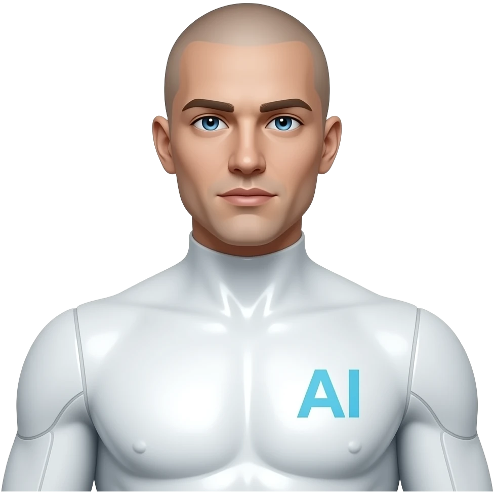 sexy männlicher Science-Fiction AI mit weißer und glänzender Haut mit Brustwarzen, das Gesicht und Körper ist auch weiß glänzend und plastikartig. er hat keine Augenbrauen und keine Haare. Ein AI Logo als Schrift leichten blau auf seiner rechten Brust und seine Augen leuchten  auch blau emoji